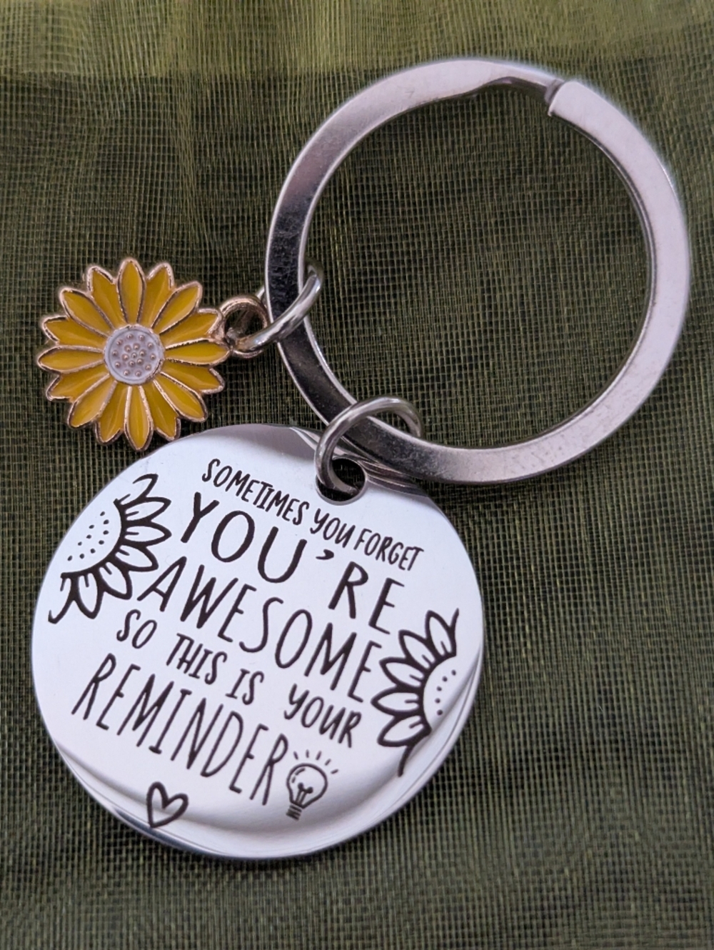 Inspirational 'You're Awesome' Silver Keychain with Yellow Daisy Charm